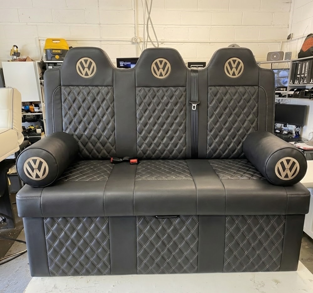 Full width back and grey Bentley VW rock n roll bed Blue Note Upholstery